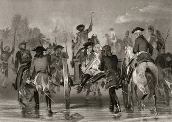 Schwer verwundeter General Edward Braddock zieht sich 1755 nach einem Angriff französischer und indianischer Truppen vom Monongahela River zurück, aus 